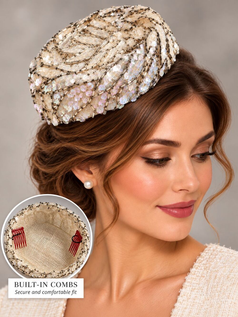 Vintage Ivory Sequin Beaded Pillbox Hat Cocktail Fascinator Ladies Formal Hat
